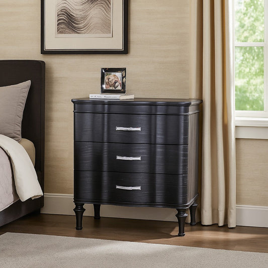 Eleena Nightstand, 3 Drawers, Black Solid Wood, Metal Handles, 28 Inch