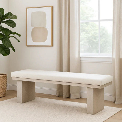 Hagy Dining Bench, 59 Inch, Panel Rubberwood Base, White Fabric Padded Seat