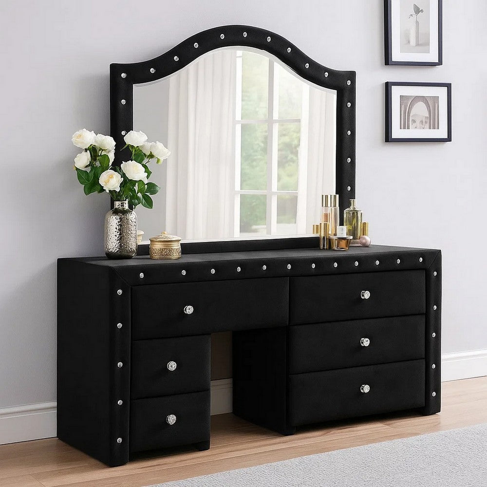 Rea Dresser Vanity Mirror, Crystal Tufted Black Velvet Upholstered Arched Frame