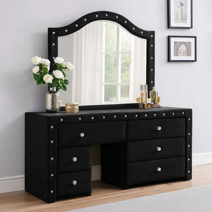 Rea Dresser Vanity Mirror, Crystal Tufted Black Velvet Upholstered Arched Frame