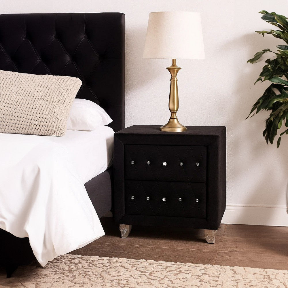 Rea Nightstand, 2 Drawers with Crystal Knobs, Black Velvet Upholstery