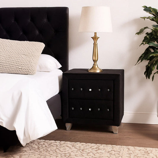 Rea Nightstand, 2 Drawers with Crystal Knobs, Black Velvet Upholstery