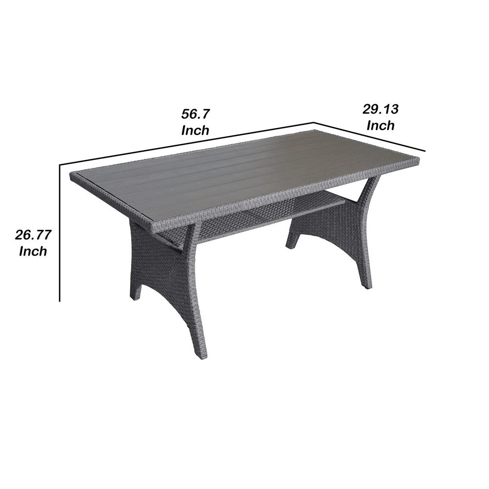 Maria Outdoor Dining Table, 57 Inch Top w/ Shelf, Gray Rattan Woven