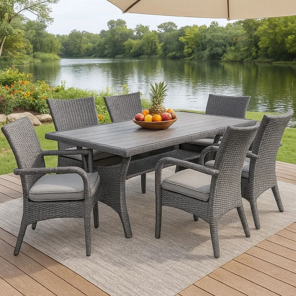 Maria Outdoor Dining Table, 57 Inch Top w/ Shelf, Gray Rattan Woven