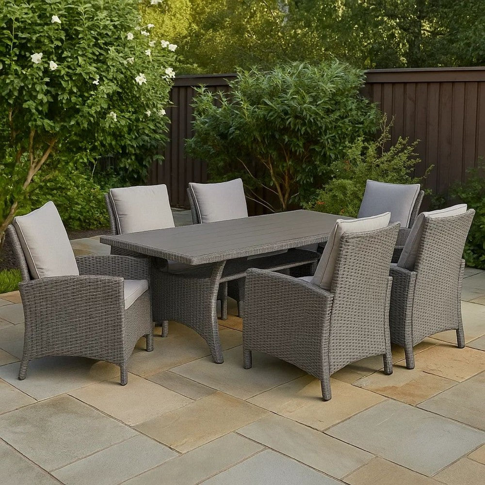Maria Outdoor Dining Table, 57 Inch Top w/ Shelf, Gray Rattan Woven