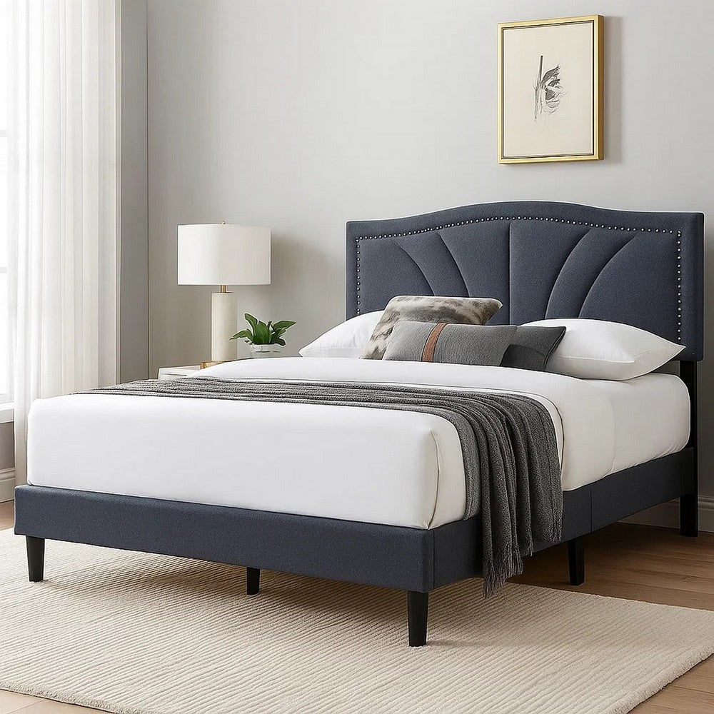 Jiana Full Bed, Charcoal Gray Wool Upholstery, LED Headboard