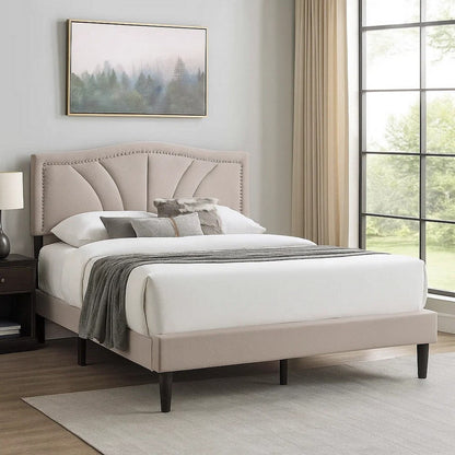 Liana Full Bed, Tufted Light Brown Burlap Upholstery, Foam Padding