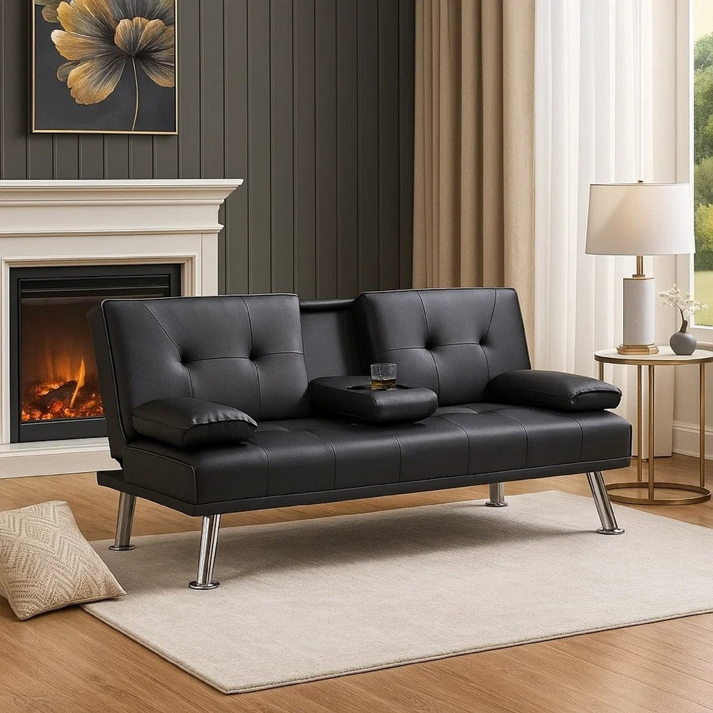 Gary Convertible Sofa with Fold-Down Table, Metal, Brown Faux Leather