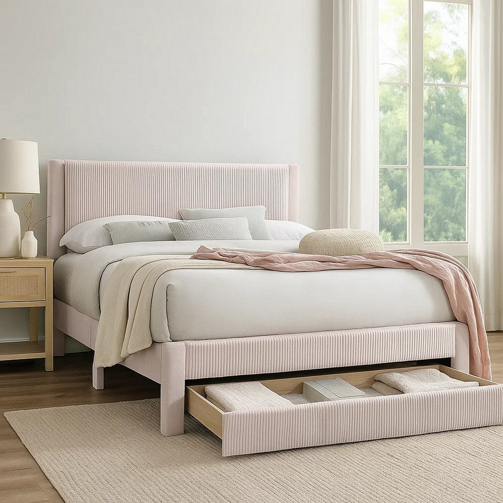 Daisy Full Bed w Drawer, Light Pink Corduroy Upholstery, Foam Headboard