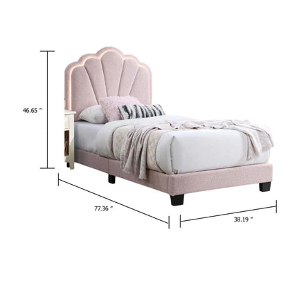 Roxy Twin Bed, Pink Wool Upholstery, LED Lighting, Padded Headboard