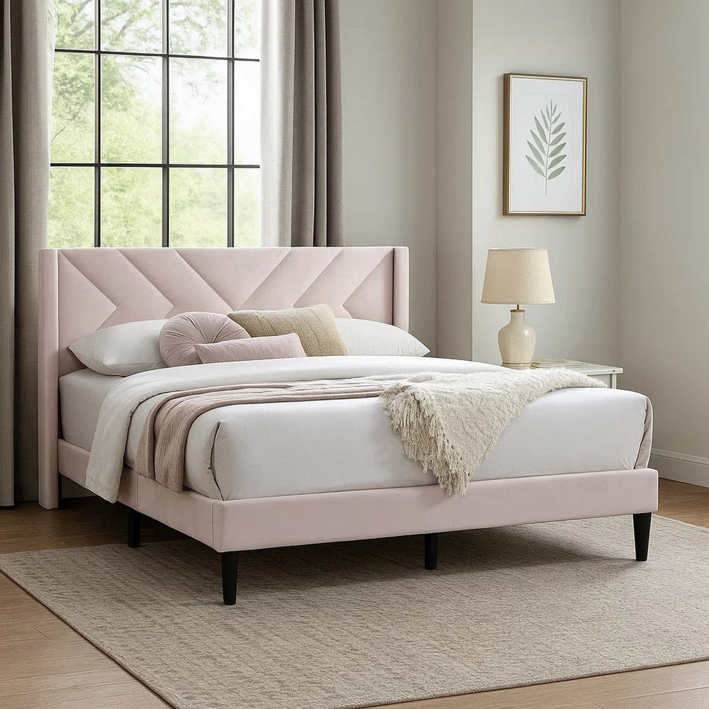 Niasa Full Size Bed, Chevron Tufted Gray Velvet Upholstered Foam