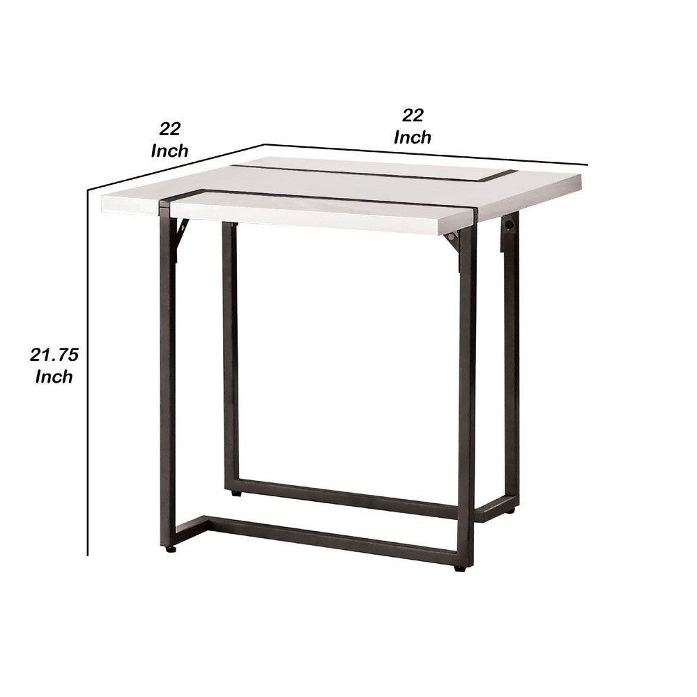 Iry Side End Table, Black Steel Sled Base, 22 Inch, Gloss White Lacquer