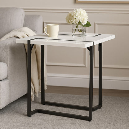 Iry Side End Table, Black Steel Sled Base, 22 Inch, Gloss White Lacquer