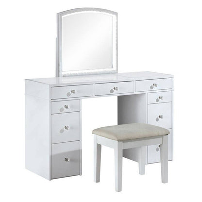 Texo 3pc White Vanity Table Set with LED Mirror and Beige Padded Stool