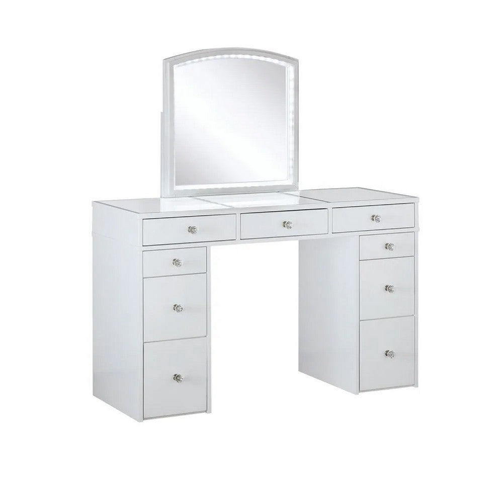 Texo 3pc White Vanity Table Set with LED Mirror and Beige Padded Stool