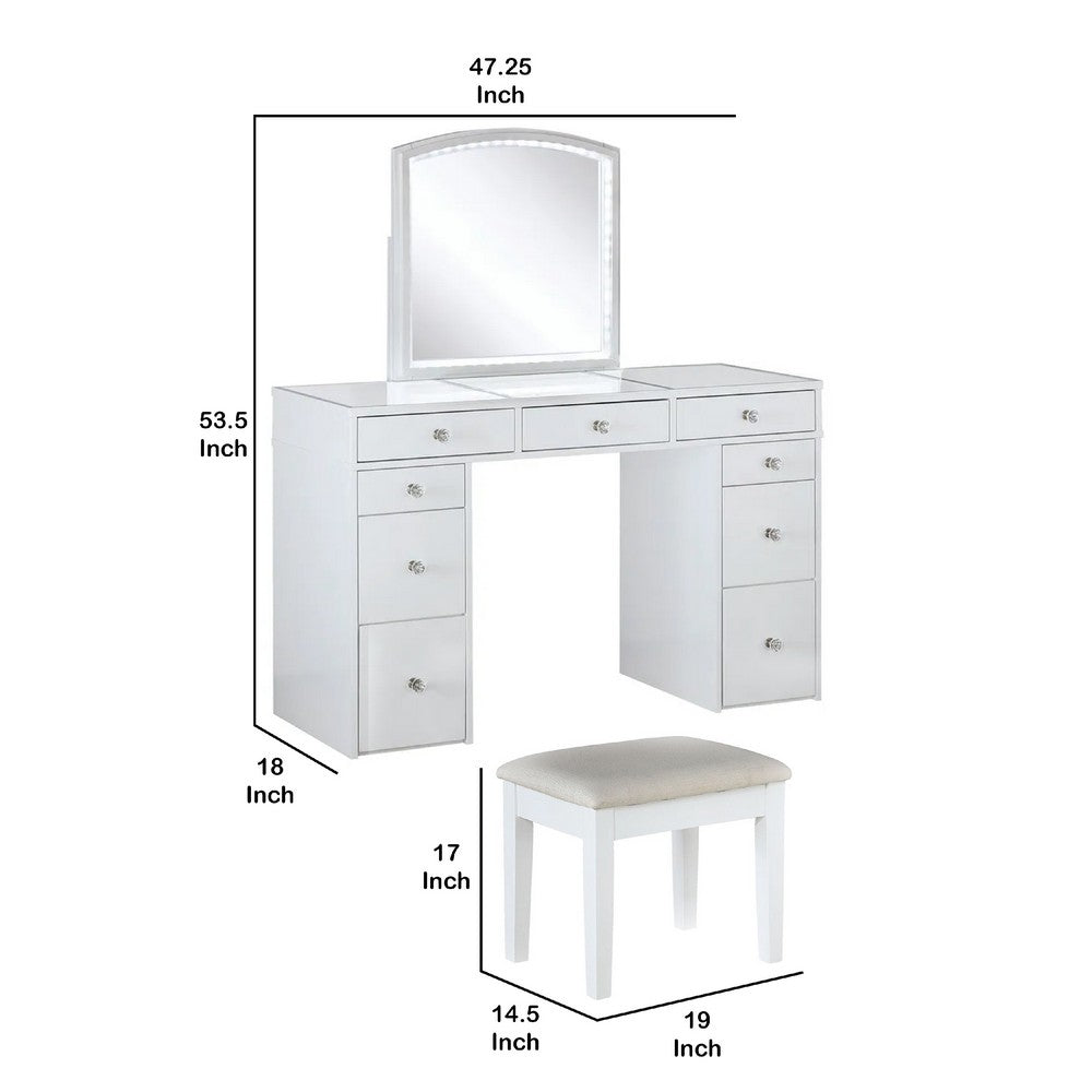 Texo 3pc White Vanity Table Set with LED Mirror and Beige Padded Stool