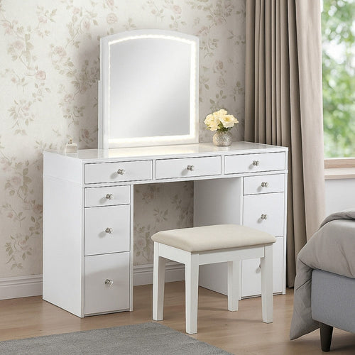 Jexo 3pc Cherry Vanity Table Set with LED Mirror, 3 Drawer, Gray Padded Stool