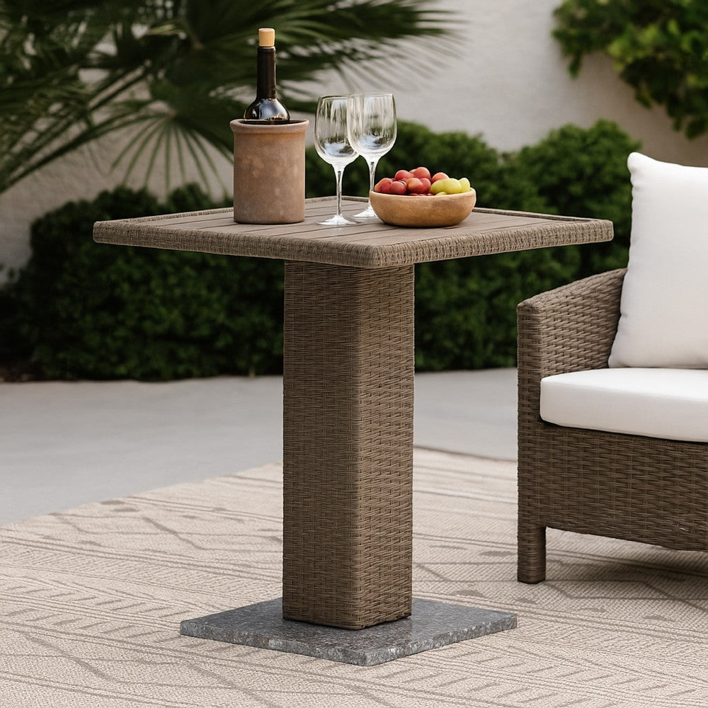 Nia Bistro Outdoor Table, Marble Base, Brown PE Rattan Frame, 27 Inch