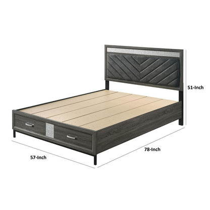 Lito Full Size Bed w Padded Headboard, 2 Footboard Drawers, Gray