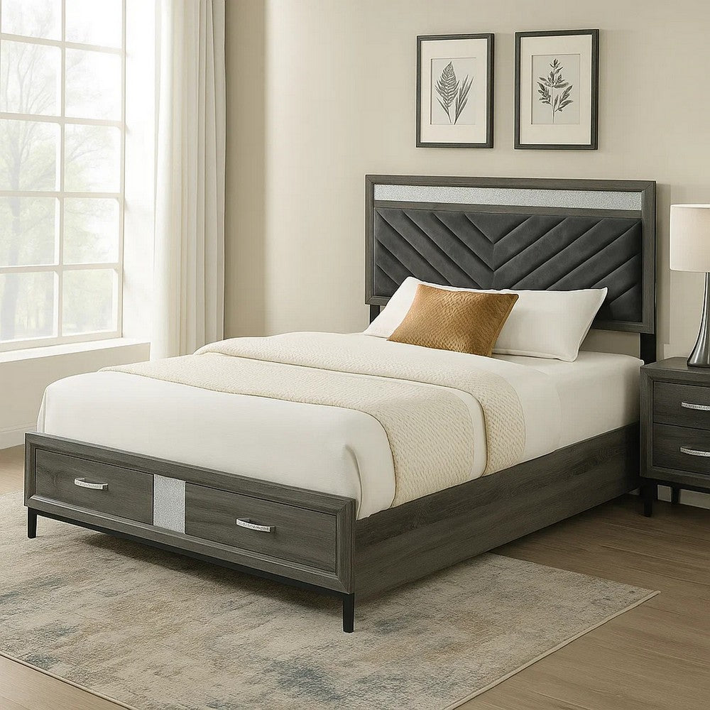 Lito Full Size Bed w Padded Headboard, 2 Footboard Drawers, Gray