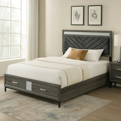 Lito Full Size Bed w Padded Headboard, 2 Footboard Drawers, Gray