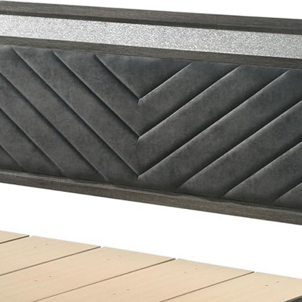 Lito Queen Size Bed w Padded Headboard, 2 Footboard Drawers, Gray