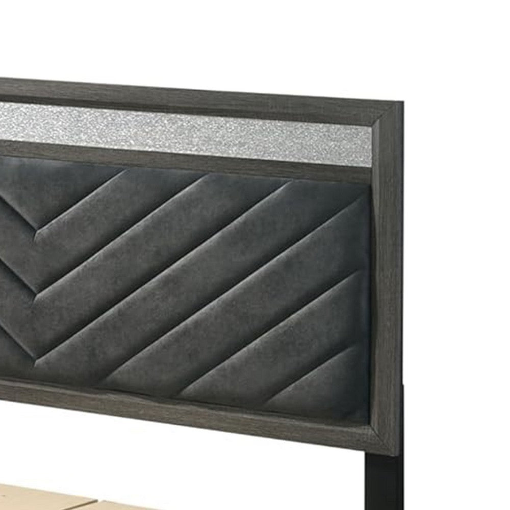 Lito Queen Size Bed w Padded Headboard, 2 Footboard Drawers, Gray