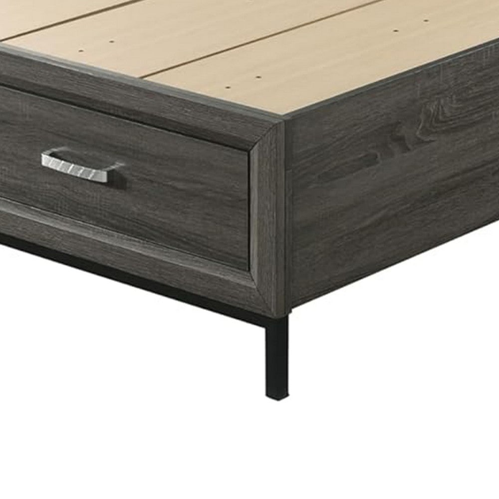 Lito Queen Size Bed w Padded Headboard, 2 Footboard Drawers, Gray