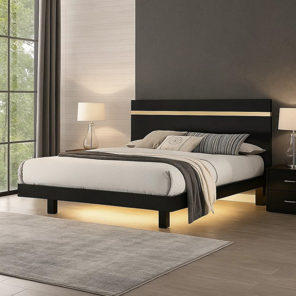 Yoki Full Size Bed w Underbed LED, Acrylic Gold Trim, Black Frame
