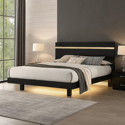 Yoki Full Size Bed w Underbed LED, Acrylic Gold Trim, Black Frame