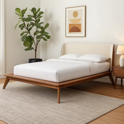 Linzy Full Size Bed w Beige Boucle Winged Headboard, Walnut Brown