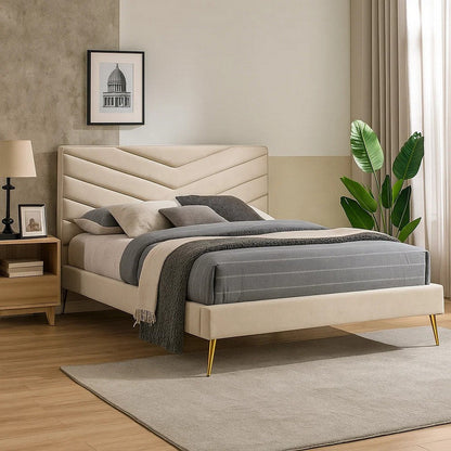 Vevy Twin Size Bed, Chevron Tufted Beige Flannelette Upholstery