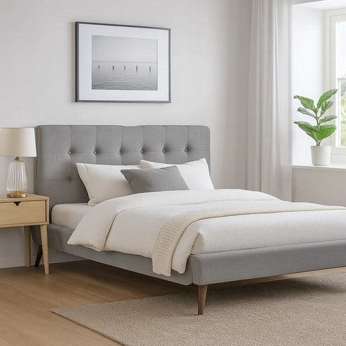 Levy Full Size Bed, Button Tufted Headboard, Modern Gray Upholstery