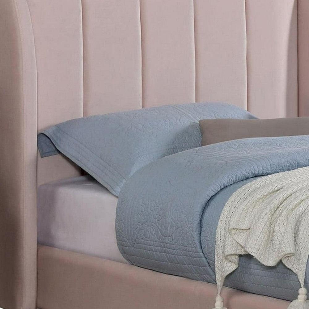 Pevy Twin Size Bed, Tufted Wingback in Light Pink Velvelike Upholstery