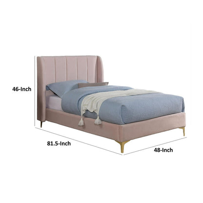 Pevy Twin Size Bed, Tufted Wingback in Light Pink Velvelike Upholstery