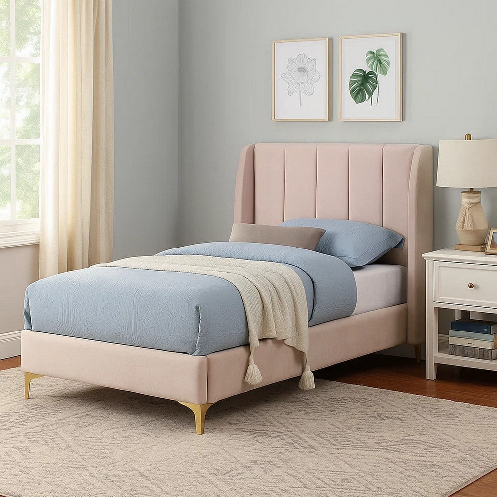 Pevy Twin Size Bed, Tufted Wingback in Light Pink Velvelike Upholstery