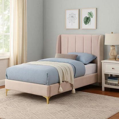 Pevy Twin Size Bed, Tufted Wingback in Light Pink Velvelike Upholstery