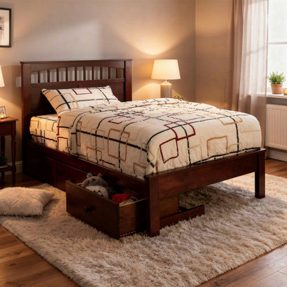 Resy Twin Size Bed, Slatted Headboard and Side Drawers, Cherry Brown