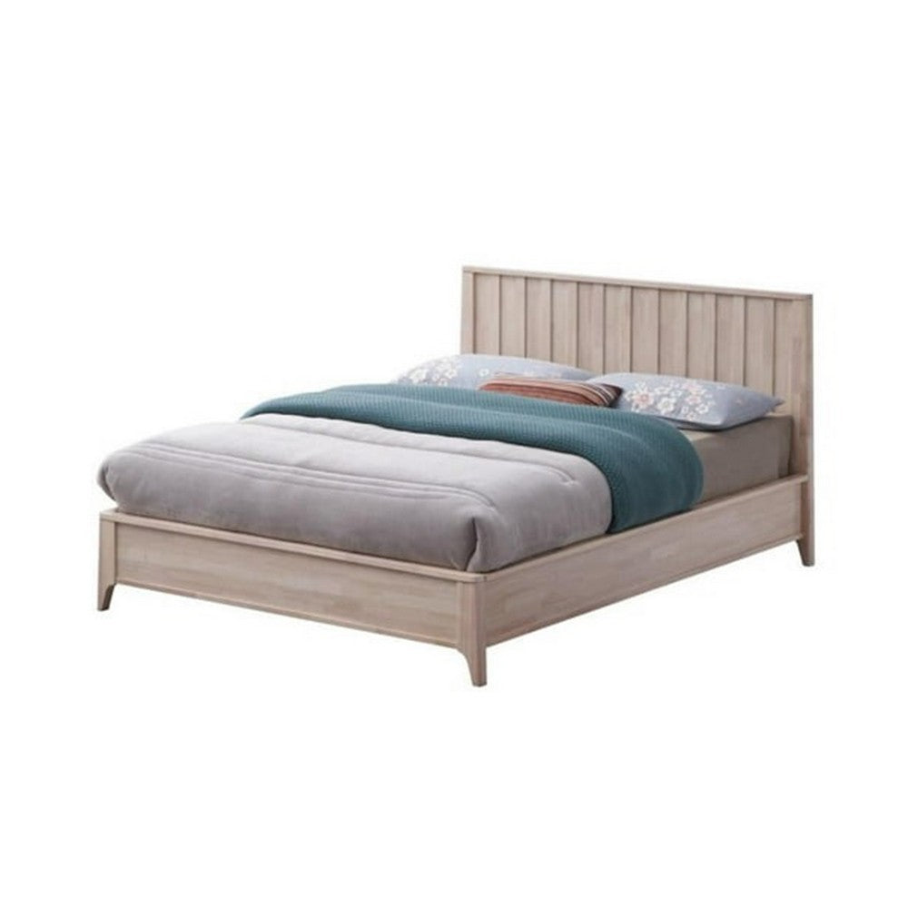 Vasu Full Size Bed, Reeded Headboard, Whitewash Solid Rubberwood