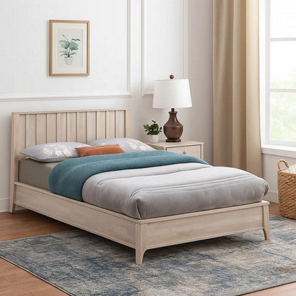 Vasu Twin Size Bed, Reeded Headboard, Whitewash Solid Rubberwood