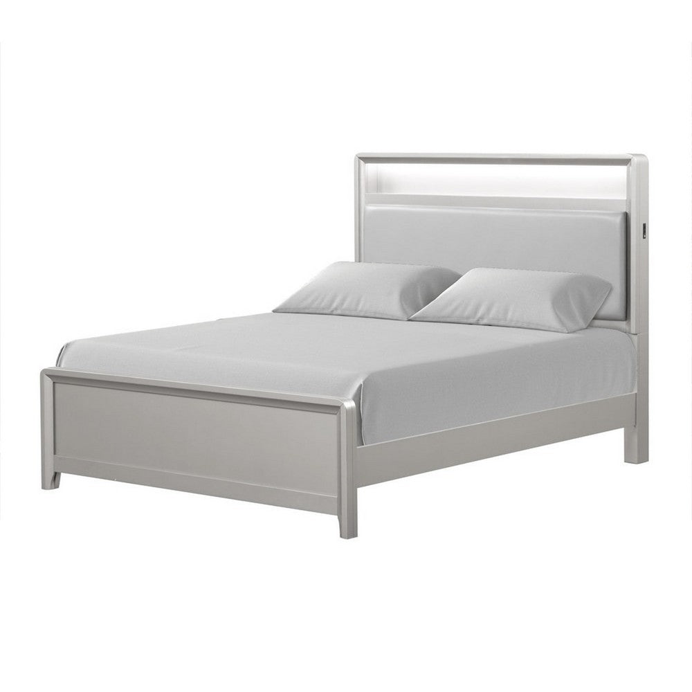 Broy Full Size Bed w LED Bookcase Headboard, Champagne Silver Veneer
