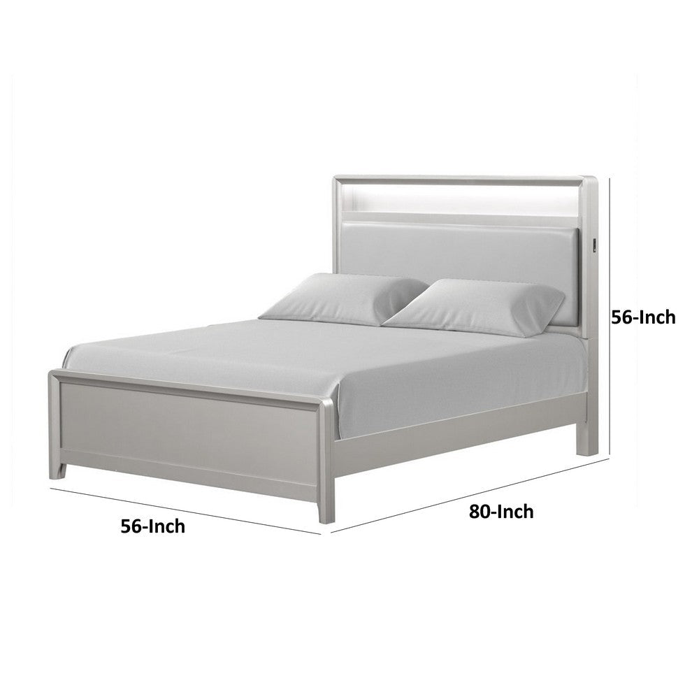 Broy Full Size Bed w LED Bookcase Headboard, Champagne Silver Veneer