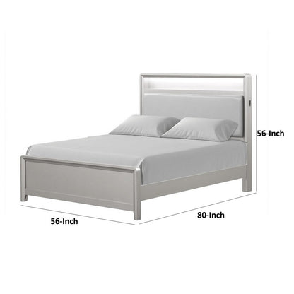 Broy Full Size Bed w LED Bookcase Headboard, Champagne Silver Veneer