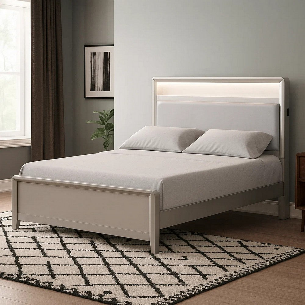 Broy Full Size Bed w LED Bookcase Headboard, Champagne Silver Veneer