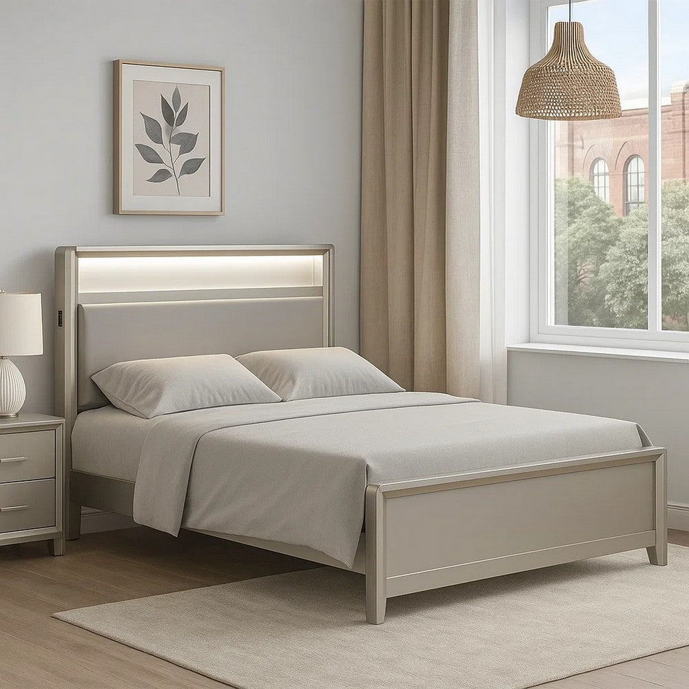 Broy Full Size Bed w LED Bookcase Headboard, Champagne Silver Veneer
