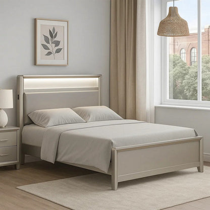 Broy Full Size Bed w LED Bookcase Headboard, Champagne Silver Veneer