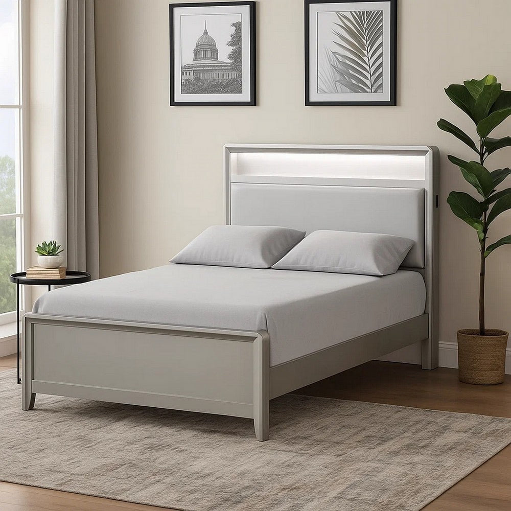 Broy Twin Size Bed w LED Bookcase Headboard, Champagne Silver Veneer