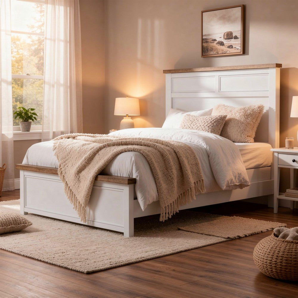 Tela Full Size Bed w Recessed Panel Headboard, Dark Brown Trim, White