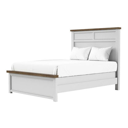 Tela Full Size Bed w Recessed Panel Headboard, Dark Brown Trim, White