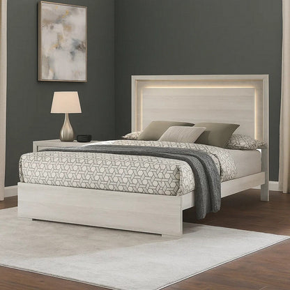 Nomi Queen Size Bed w LED on Headboard, Antique White Wash Finsih